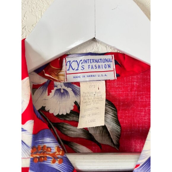 KYs International Men Red Floral Hawaiian Shirt XL Cotton Short Sleeve Button Up - Picture 2 of 8